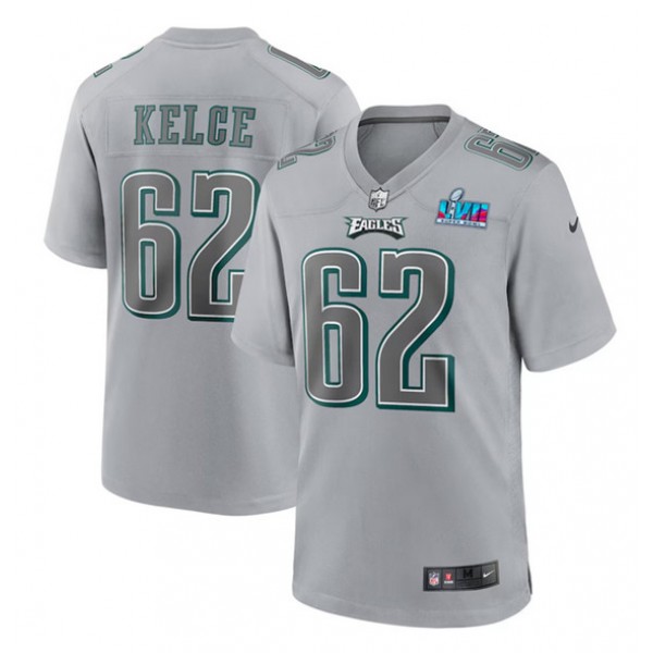 Philadelphia Eagles #62 Jason Kelce Gray Super Bowl LVII Patch Atmosphere Fashion Stitched Game Jersey