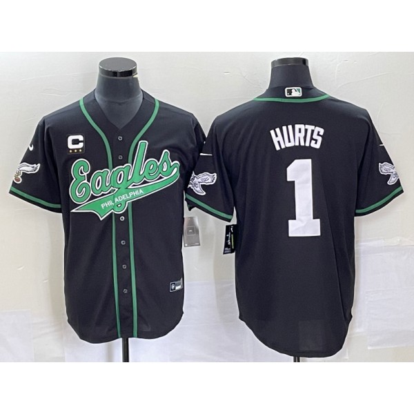 Philadelphia Eagles #1 Jalen Hurts Black With C Patch Cool Base Stitched Jersey