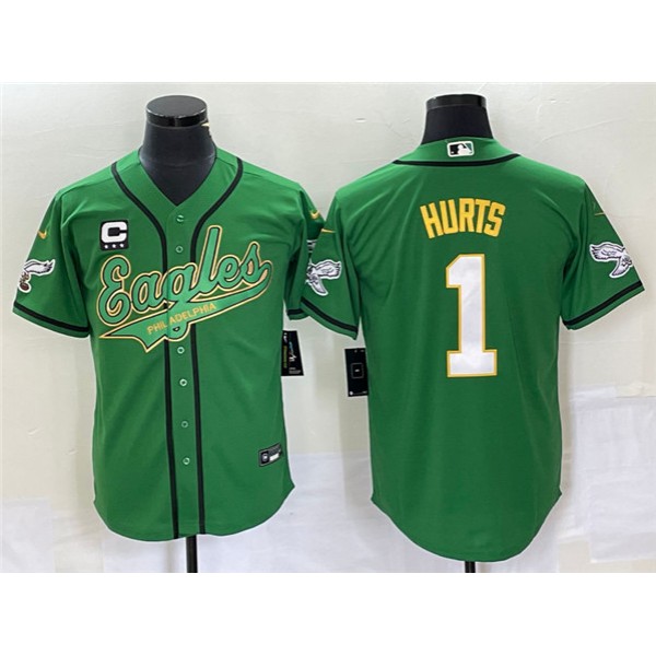 Philadelphia Eagles #1 Jalen Hurts Green With C Patch Cool Base Stitched Jersey