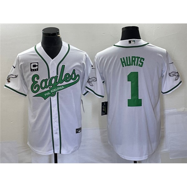 Philadelphia Eagles #1 Jalen Hurts White With C Patch Cool Base Stitched Jersey