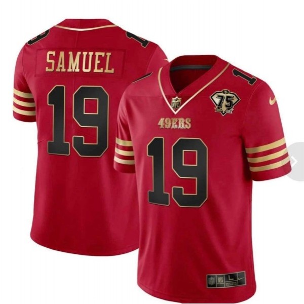 San Francisco 49ers #19 Deebo Samuel Red With 75th Anniversary Patch Stitched Jersey