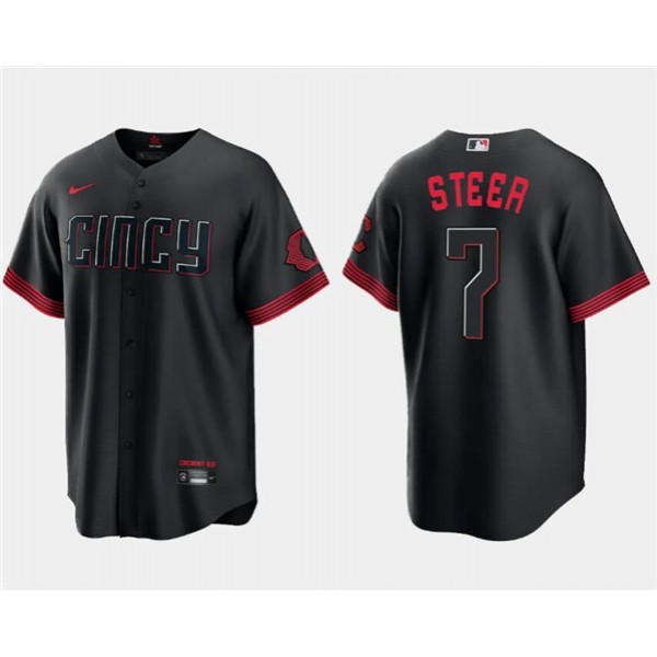 Cincinnati Reds #7 Spencer Steer Black 2023 City Connect Cool Base Stitched Jersey