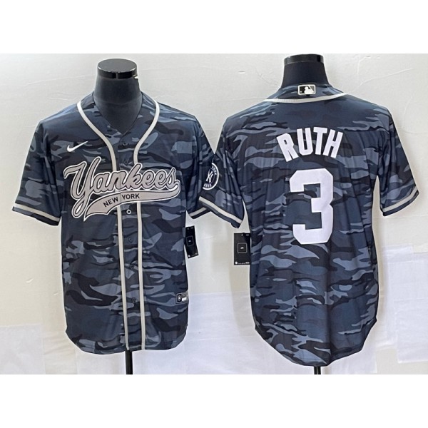 New York Yankees #3 Babe Ruth Gray Camo With Patch Cool Base Stitched Jersey