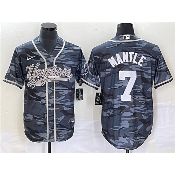 New York Yankees #7 Mickey Mantle Gray Camo With Patch Cool Base Stitched Jersey