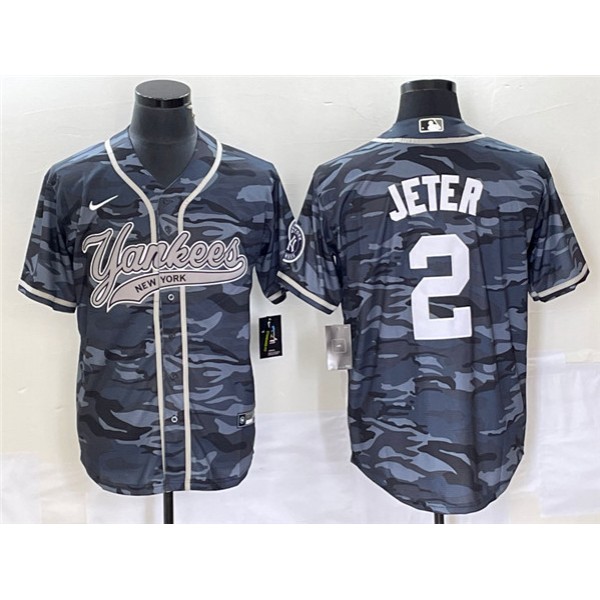 New York Yankees #2 Derek Jeter Gray Camo With Patch Cool Base Stitched Jersey