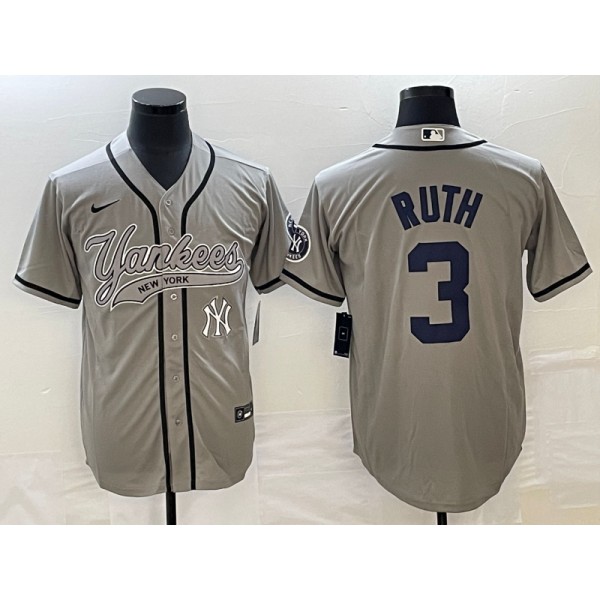 New York Yankees #3 Babe Ruth Gray With Patch Cool Base Stitched Jersey