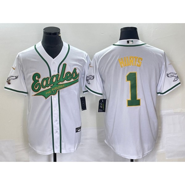 Philadelphia Eagles #1 Jalen Hurts White Gold Cool Base Stitched Jersey