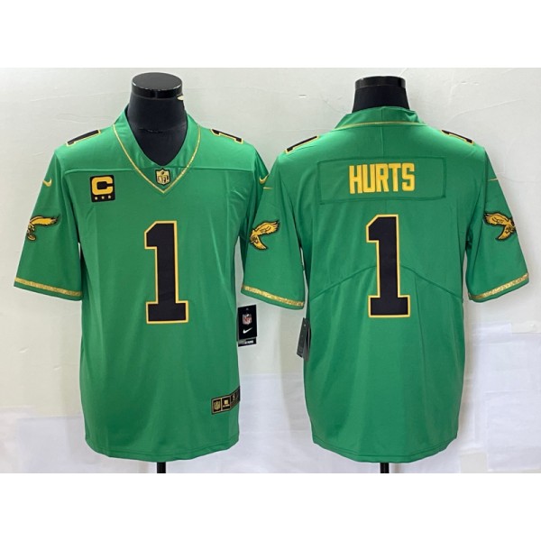 Philadelphia Eagles #1 Jalen Hurts Green Gold Vapor Limited With C Patch Stitched Jersey