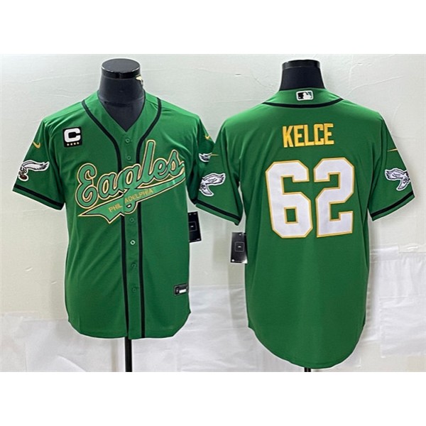 Philadelphia Eagles #62 Jason Kelce Green Gold With C Patch Cool Base Stitched Jersey