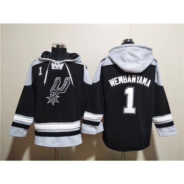 San Antonio Spurs #1 Victor Wembanyama Black Ageless Must-Have Lace-Up Pullover Hoodie