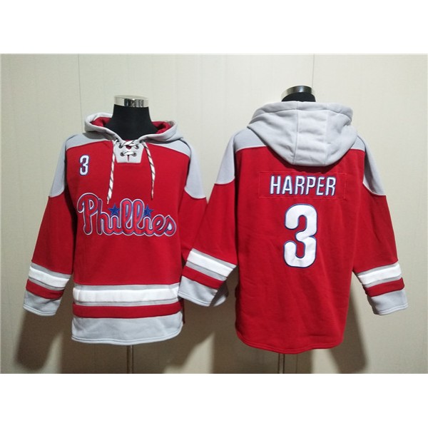 Philadelphia Phillies #3 Bryce Harper Red Ageless Must-Have Lace-Up Pullover Hoodie