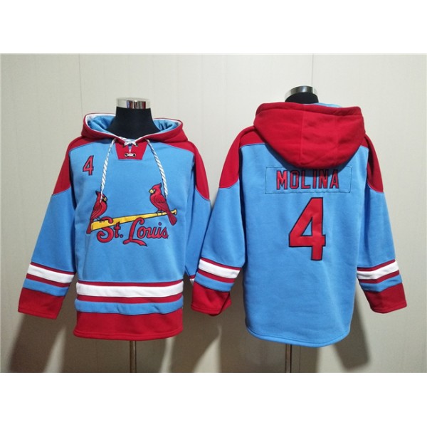 St.Louis Cardinals #4 Yadier Molina Blue Ageless Must-Have Lace-Up Pullover Hoodie