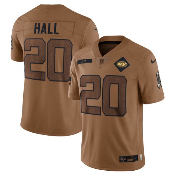 New York Jets #20 Breece Hall 2023 Brown Salute To Service Limited Stitched Jersey
