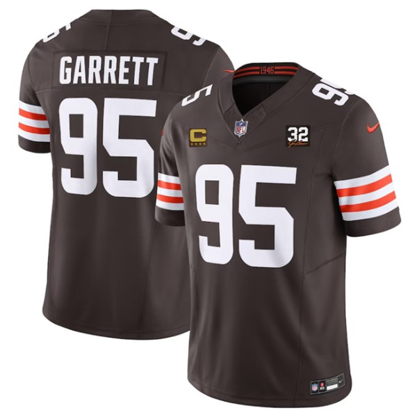 Cleveland Browns #95 Myles Garrett Brown 2023 F.U.S.E. With 4-Star C Patch And Jim Brown Memorial Patch Vapor Untouchable Limited Stitched Jersey