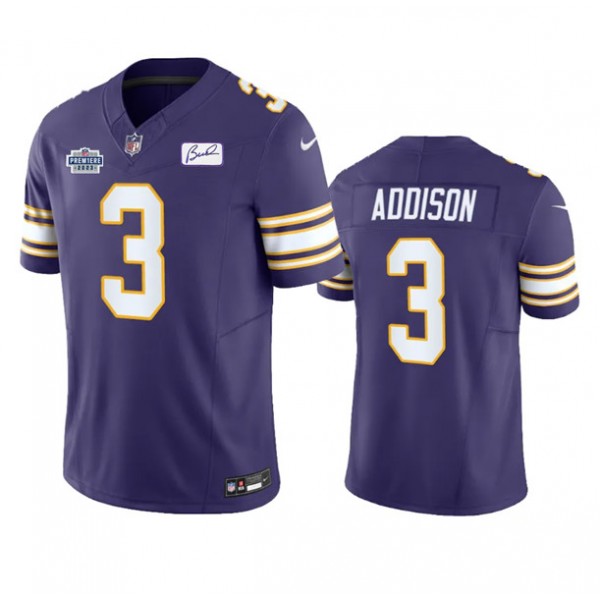 Minnesota Vikings #3 Jordan Addison Purple 2023 F.U.S.E. Prem1ere Patch And Bud Grant Patch Vapor Limited Stitched Jersey