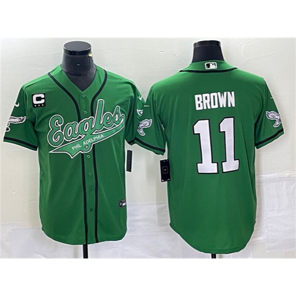 Philadelphia Eagles #11 A. J. Brown Green With C Patch Cool Base Stitched Jersey