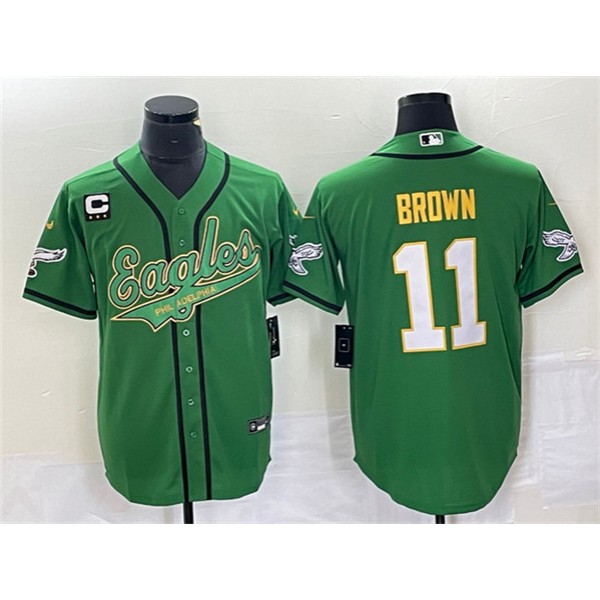 Philadelphia Eagles #11 A. J. Brown Green Gold With C Patch Cool Base Stitched Jersey