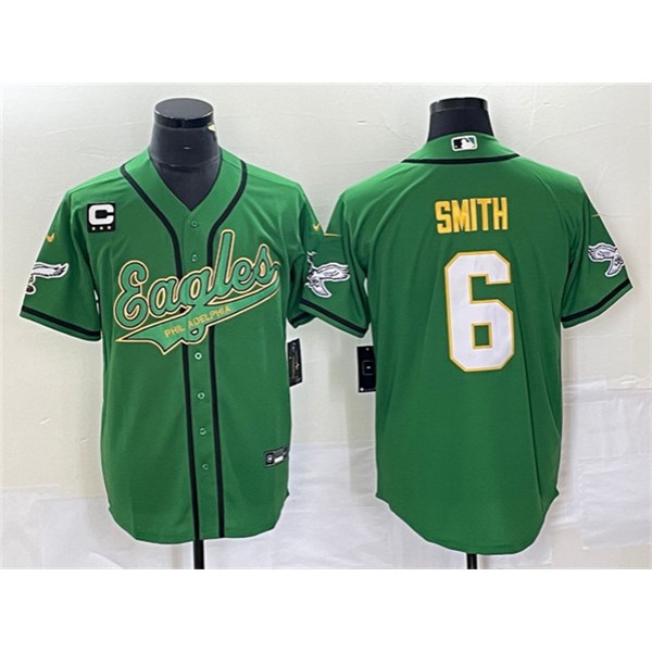 Philadelphia Eagles #6 DeVonta Smith Green Gold With C Patch Cool Base Stitched Jersey