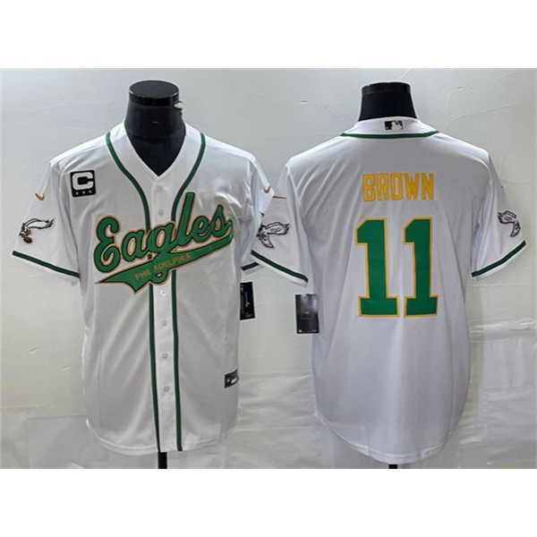 Philadelphia Eagles #11 A. J. Brown White Gold With C Patch Cool Base Stitched Jersey