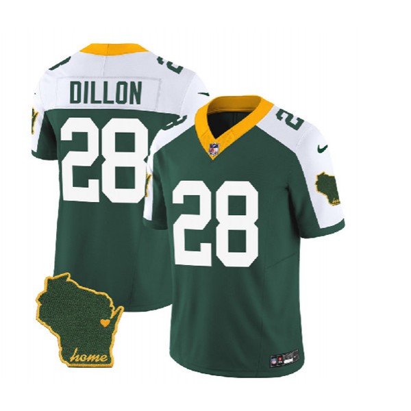 Green Bay Packers #28 A.J. Dillon Green White 2023 F.U.S.E. Home Patch Vapor Untouchable Limited Stitched Jersey