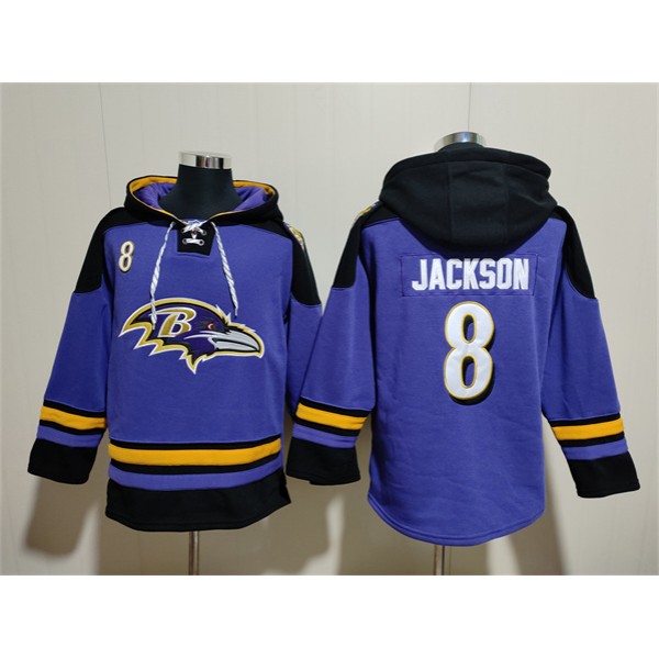 Baltimore Ravens #8 Lamar Jackson Ageless Must-Have Lace-Up Pullover Hoodie
