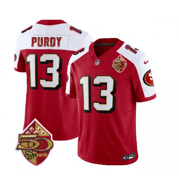 San Francisco 49ers #13 Brock Purdy Red White 2023 F.U.S.E. 50th Patch Throwback Stitched Jersey