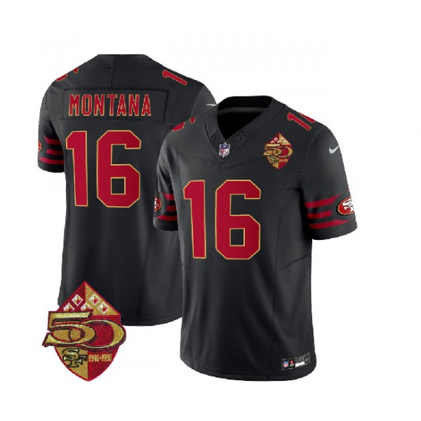 San Francisco 49ers #16 Joe Montana Black 2023 F.U.S.E. 50th Patch Throwback Stitched Jersey