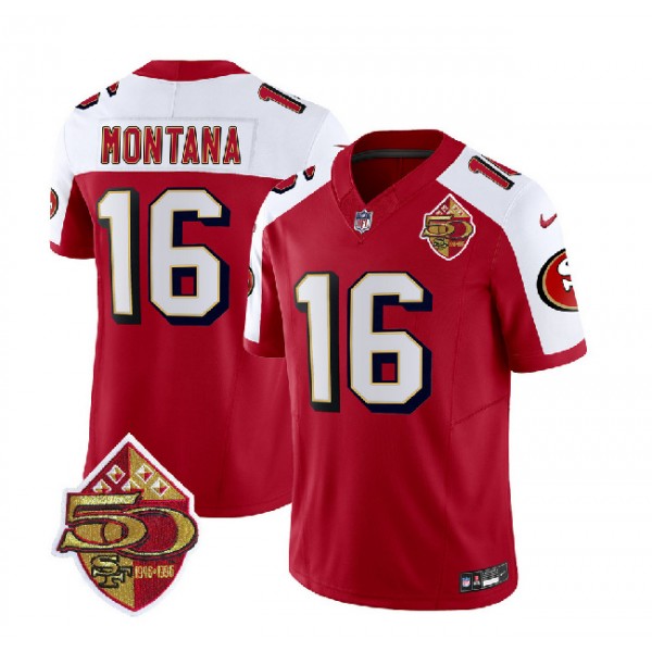 San Francisco 49ers #16 Joe Montana Red White 2023 F.U.S.E. 50th Patch Throwback Stitched Jersey