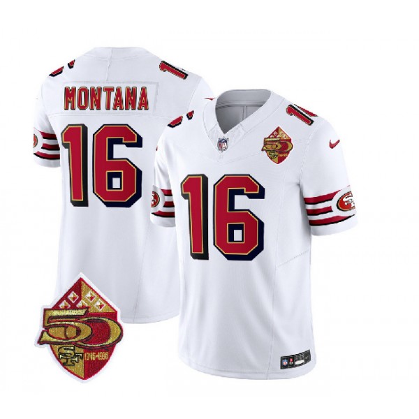 San Francisco 49ers #16 Joe Montana White 2023 F.U.S.E. 50th Patch Throwback Stitched Jersey