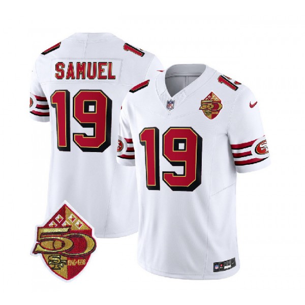 San Francisco 49ers #19 Deebo Samuel White 2023 F.U.S.E. 50th Patch Throwback Stitched Jersey