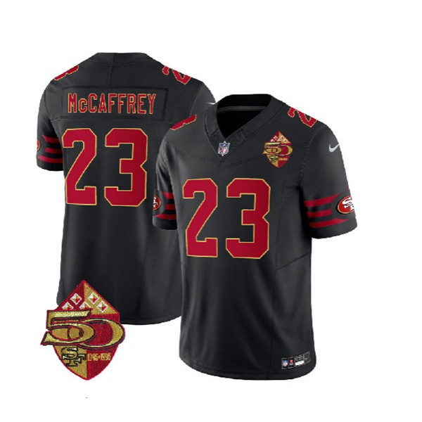 San Francisco 49ers #23 Christian McCaffrey Black 2023 F.U.S.E. 50th Patch Throwback Stitched Jersey