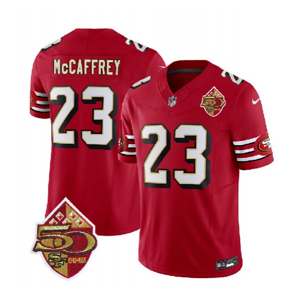 San Francisco 49ers #23 Christian McCaffrey Red 2023 F.U.S.E. 50th Patch Throwback Stitched Jersey