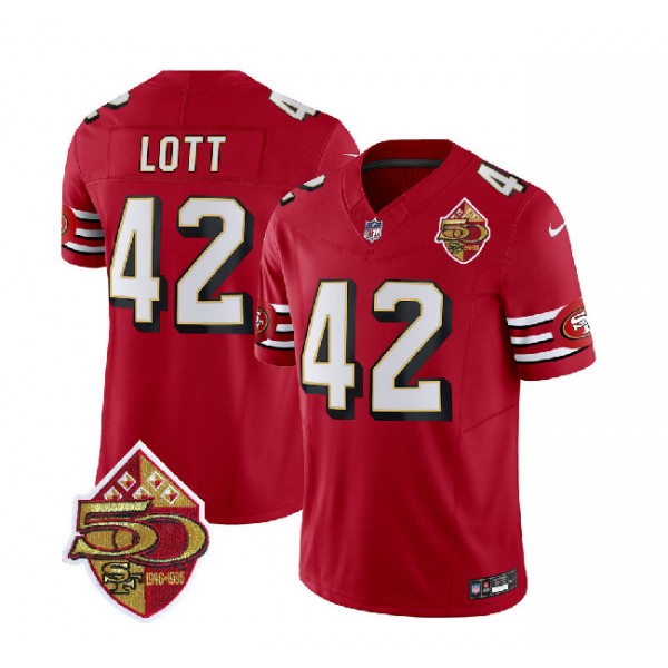 San Francisco 49ers #42 Ronnie Lott Red 2023 F.U.S.E. 50th Patch Throwback Stitched Jersey