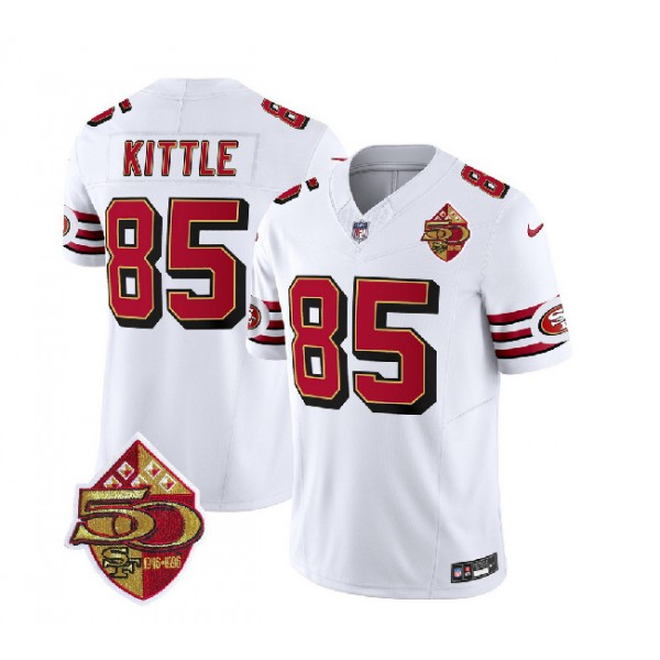 San Francisco 49ers #85 George Kittle White 2023 F.U.S.E. 50th Patch Throwback Stitched Jersey