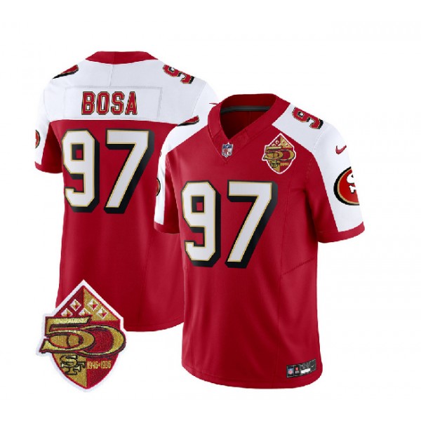 San Francisco 49ers #97 Nick Bosa Red White 2023 F.U.S.E. 50th Patch Throwback Stitched Jersey