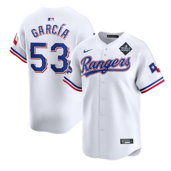 Texas Rangers #53 Adolis García White 2023 World Series Patch And Champions Patch Stitched Jersey