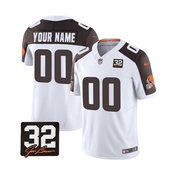 Cleveland Browns Custom White Brown 2023 F.U.S.E. With Jim Brown Memorial Patch Vapor Untouchable Limited Stitched Jersey
