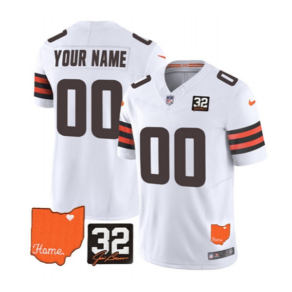 Cleveland Browns Custom White 2023 F.U.S.E. With Jim Brown Memorial Patch Vapor Untouchable Limited Stitched Jersey