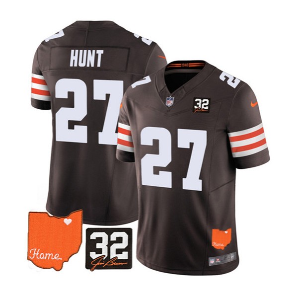 Cleveland Browns #27 Kareem Hunt Brown 2023 F.U.S.E. With Jim Brown Memorial Patch Vapor Untouchable Limited Stitched Jersey