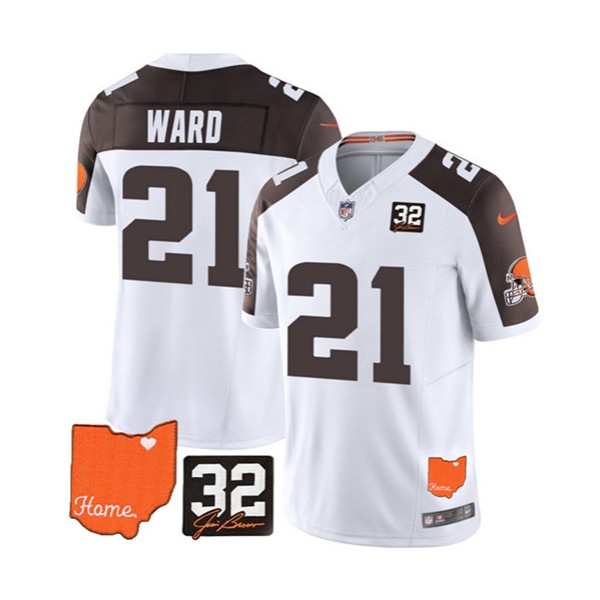 Cleveland Browns #21 Denzel Ward White Brown 2023 F.U.S.E. With Jim Brown Memorial Patch Vapor Untouchable Limited Stitched Jersey