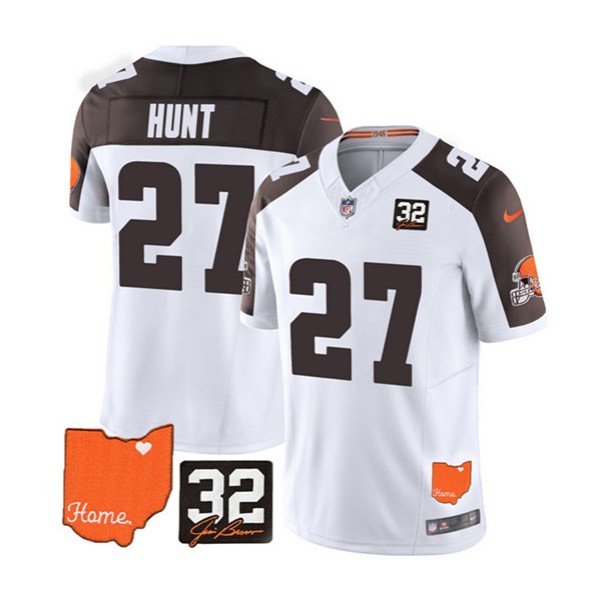 Cleveland Browns #27 Kareem Hunt White Brown 2023 F.U.S.E. With Jim Brown Memorial Patch Vapor Untouchable Limited Stitched Jersey
