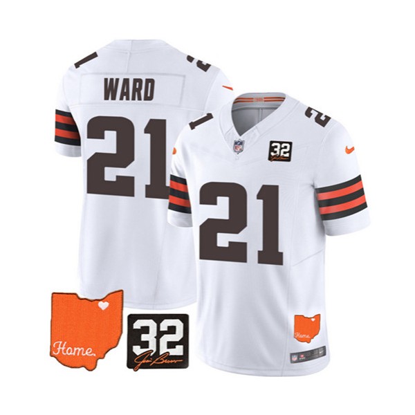 Cleveland Browns #21 Denzel Ward White 2023 F.U.S.E. With Jim Brown Memorial Patch Vapor Untouchable Limited Stitched Jersey