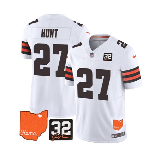 Cleveland Browns #27 Kareem Hunt White 2023 F.U.S.E. With Jim Brown Memorial Patch Vapor Untouchable Limited Stitched Jersey