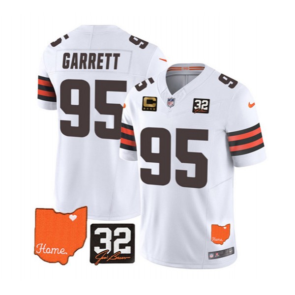 Cleveland Browns #95 Myles Garrett White 2023 F.U.S.E. With Jim Brown Memorial Patch And 4-Star C Patch Vapor Untouchable Limited Stitched Jersey