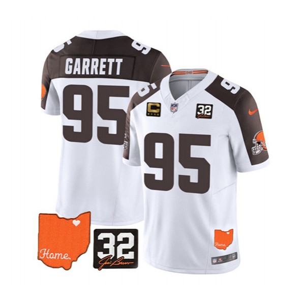 Cleveland Browns #95 Myles Garrett White Brown 2023 F.U.S.E. With Jim Brown Memorial Patch And 4-Star C Patch Vapor Untouchable Limited Stitched Jersey