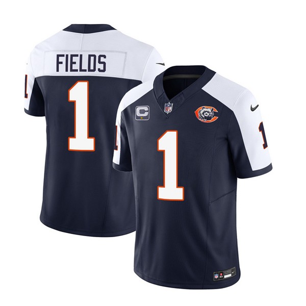 Chicago Bears #1 Justin Fields Navy White 2023 F.U.S.E. With 1-Star C PatchThrowback Limited Stitched Game Jersey