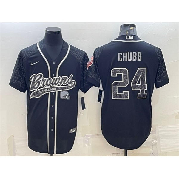 Cleveland Browns #24 Nick Chubb Black Reflective With Patch Cool Base Stitched Jersey