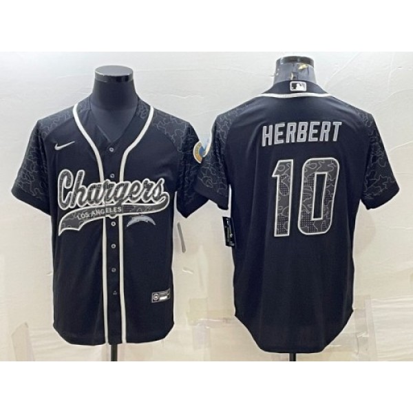Los Angeles Chargers #10 Justin Herbert Black Reflective With Patch Cool Base Stitched Jersey