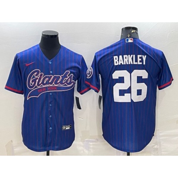 New York Giants #26 Saquon Barkley Blue With Patch Cool Base Stitched Jersey