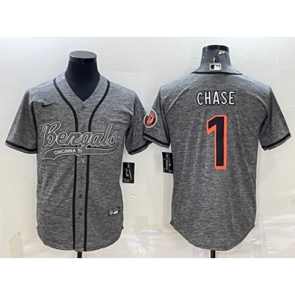 Cincinnati Bengals #1 Ja'Marr Chase Gray With Patch Cool Base Stitched Jersey